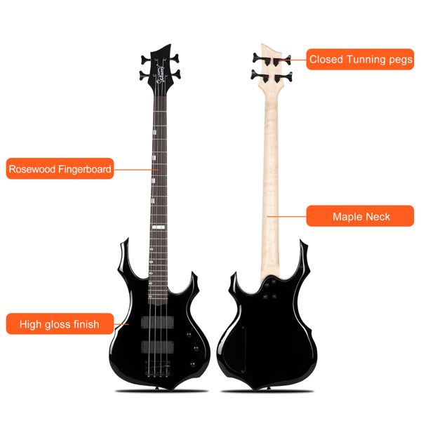 [Do Not Sell on Amazon]Full Size Glarry 4 String Burning Fire enclosed H-H Pickup Electric Bass Guitar with 20W Amplifier Bag Strap Connector Wrench Tool Black