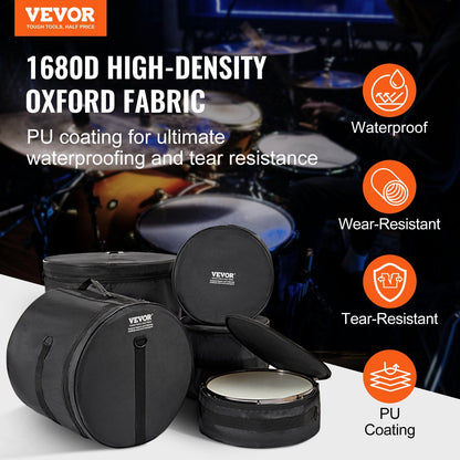 VEVOR 5-Piece Drum Bag Set, 1680D Oxford Fabric, Padded Drum Bags and Cases with 4.92 ft Detachable Shoulder Strap Carry Handles Foldable Design, for 22'' Kick 12'' Tom 13'' Tom 16'' Tom 14'' Snare