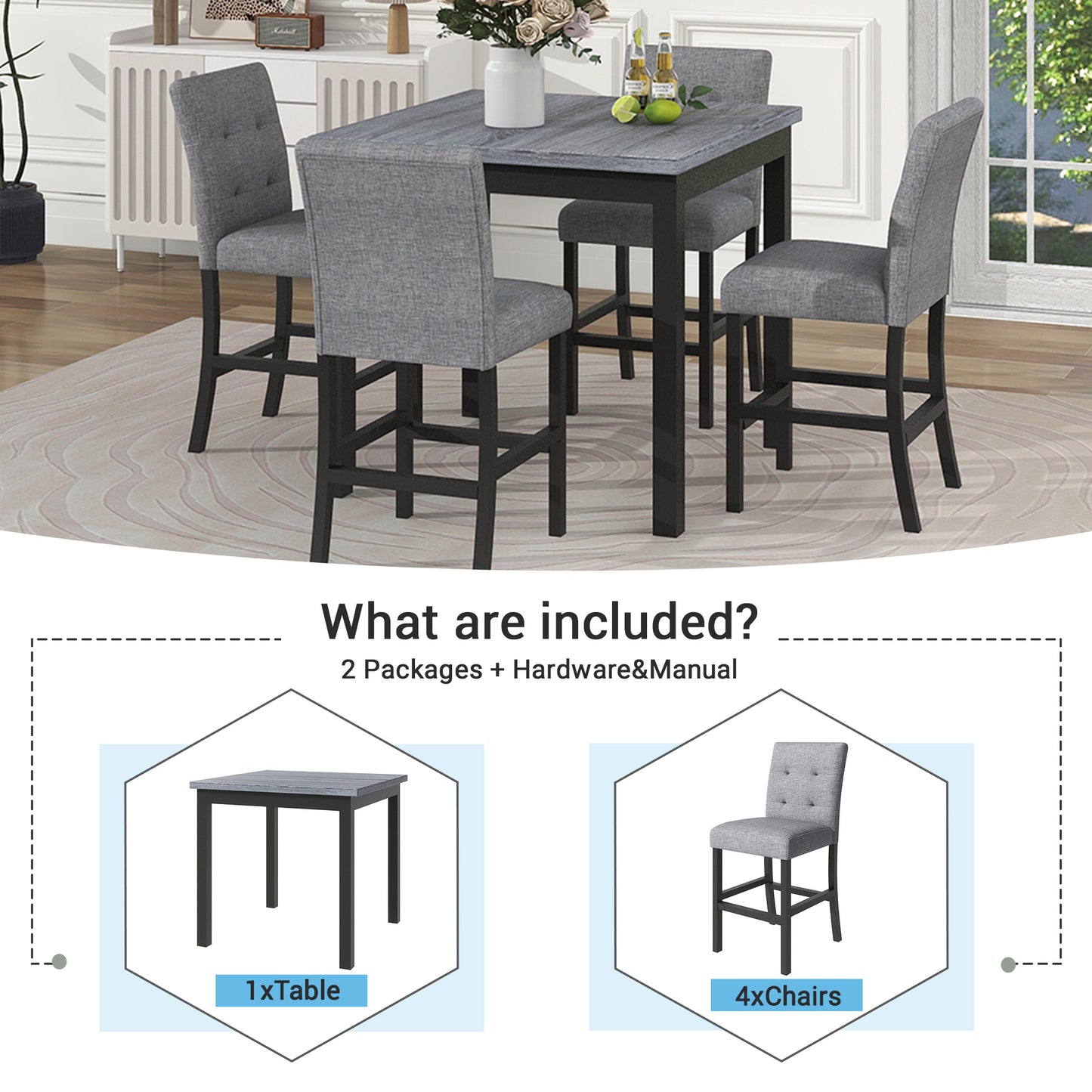 TOPMAX 5-Piece Counter Height Dining Set Wood Square Dining Room Table and Chairs Stools w/Footrest & 4 Upholstered high-back Chairs,Black