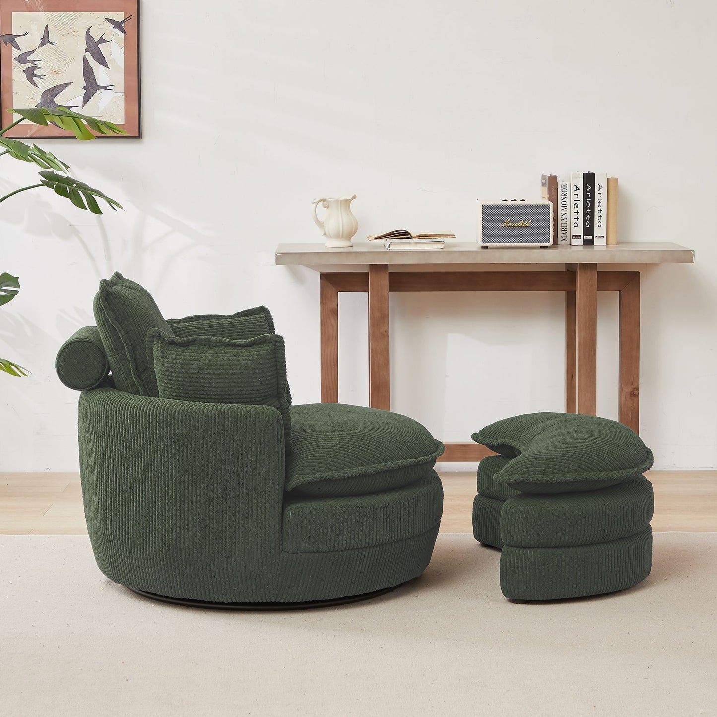 38" Modern Accent Round Swivel Barrel Oversized Chair with Moon Storage Ottoman with 4 Pillows in Green Corduroy