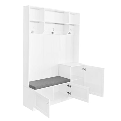 ON-TREND Elegant Design Hall Tree with Comfort and Storage Solutions, Functional Hallway Shoe Cabinet with Bench&Cushion, Modern Coat Rack with Hooks for Entryways, White