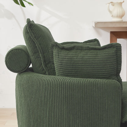 38" Modern Accent Round Swivel Barrel Oversized Chair with Moon Storage Ottoman with 4 Pillows in Green Corduroy