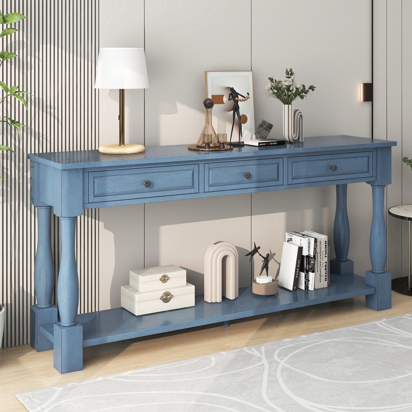 TREXM Console Table 63" Long Console Table with Drawers and Shelf for Entryway, Hallway, Living Room (Navy, OLD SKU: WF299371AAM)