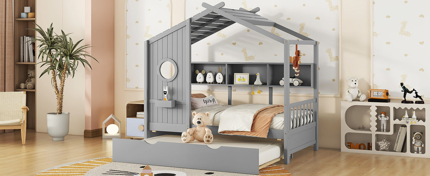 Wooden Twin Size House Bed With Trundle, Modern Design for Kids with Storage Shlef, Gray