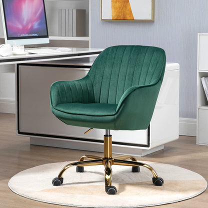 360° Green Velvet Swivel Chair With High Back, Adjustable Working Chair With Golden Color Base