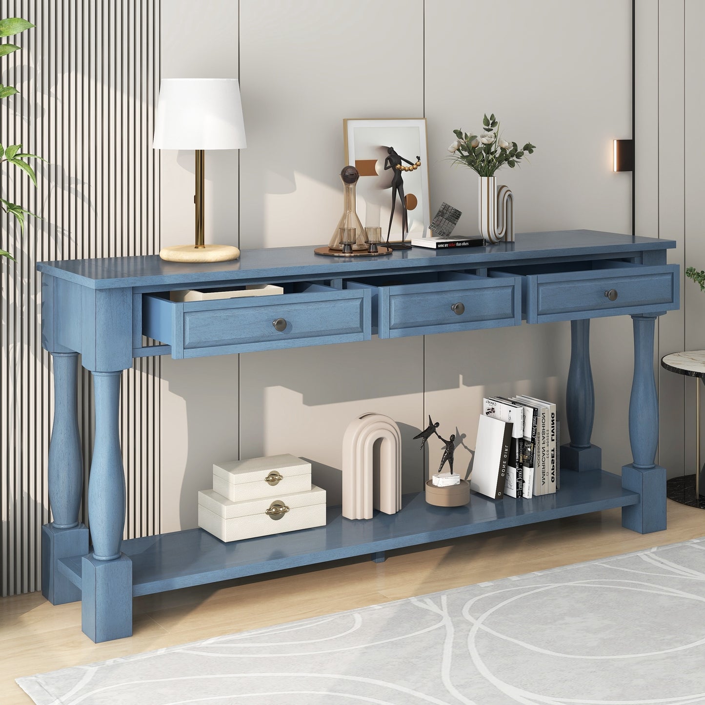 TREXM Console Table 63" Long Console Table with Drawers and Shelf for Entryway, Hallway, Living Room (Navy, OLD SKU: WF299371AAM)