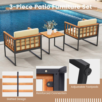 3 Pieces Patio Chair Set Acacia Wood Outdoor Sofa Set with Soft Cushions