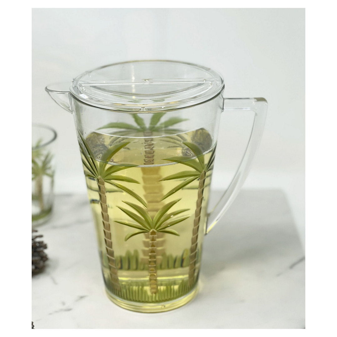 2.75 Quarts Water Pitcher with Lid, Palm Tree Design Unbreakable Plastic Pitcher, Drink Pitcher, Juice Pitcher with Spout BPA Free