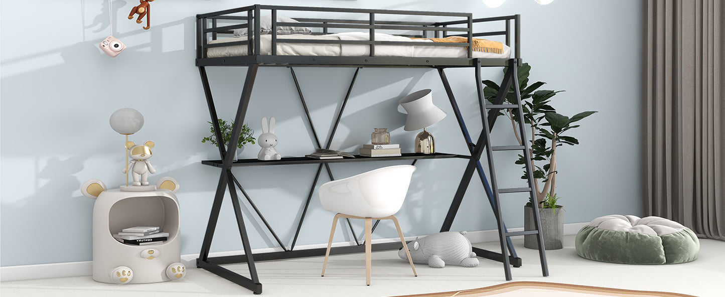 Twin Size Loft Bed with Desk, Ladder and Full-Length Guardrails, X-Shaped Frame, Black(Old SKU: MF297073AAB)