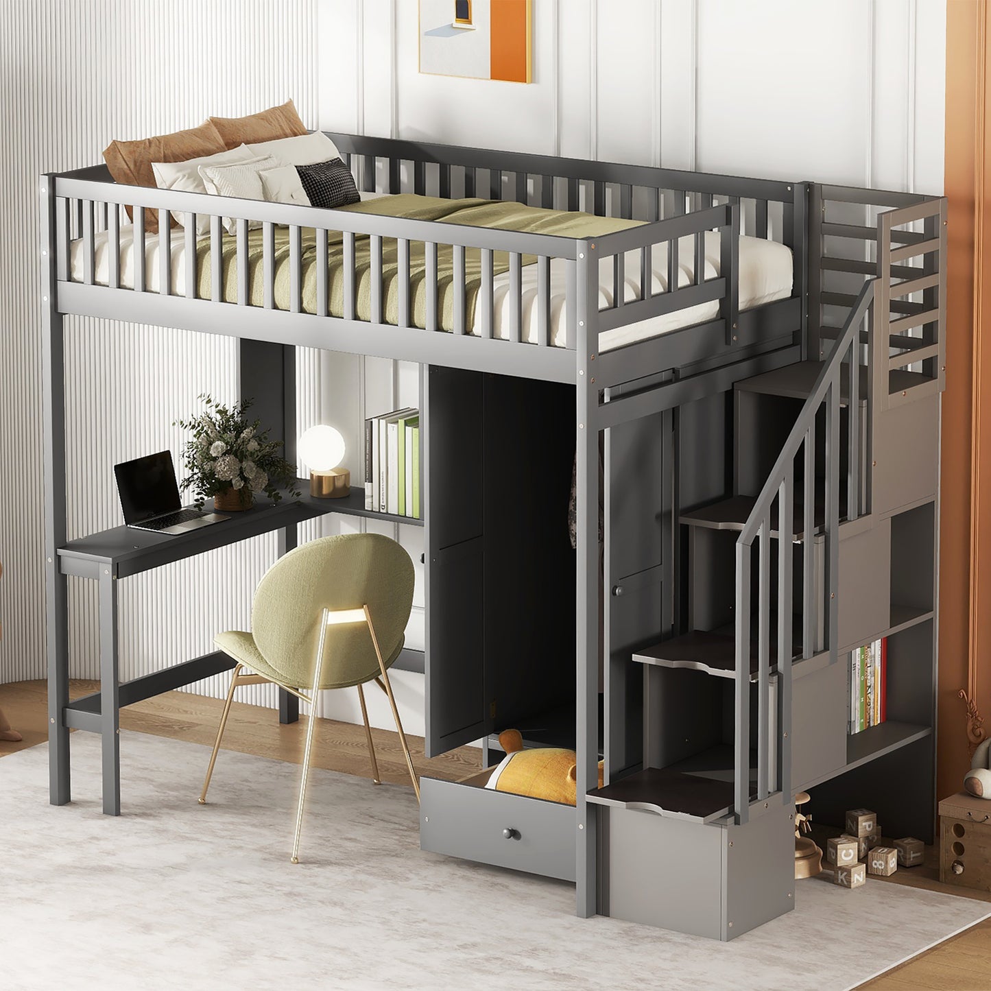 Twin size Loft Bed with Bookshelf,Drawers,Desk,and Wardrobe-Gray