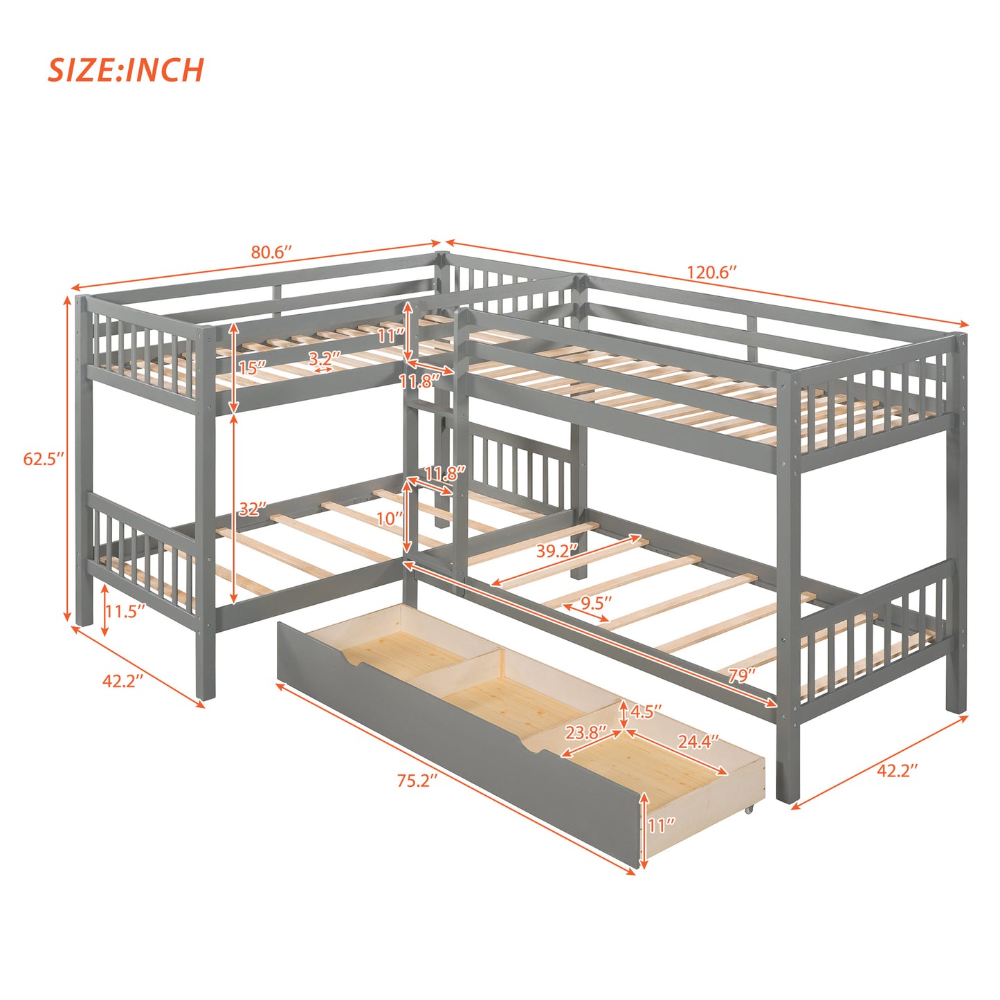 Twin L-Shaped Bunk bed with Drawers-Gray(OLD SKU :LP000038AAE)