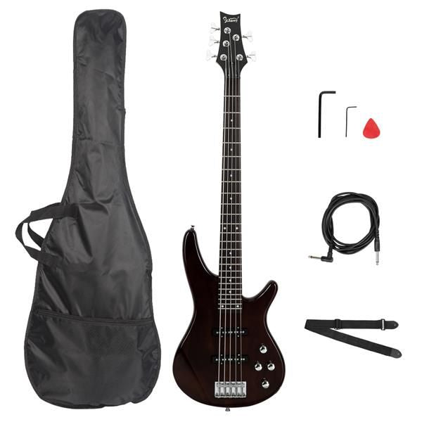 [Do Not Sell on Amazon]Glarry GIB Electric 5 String Bass Guitar Full Size Bag Strap Pick Connector Wrench Tool Earth Brown