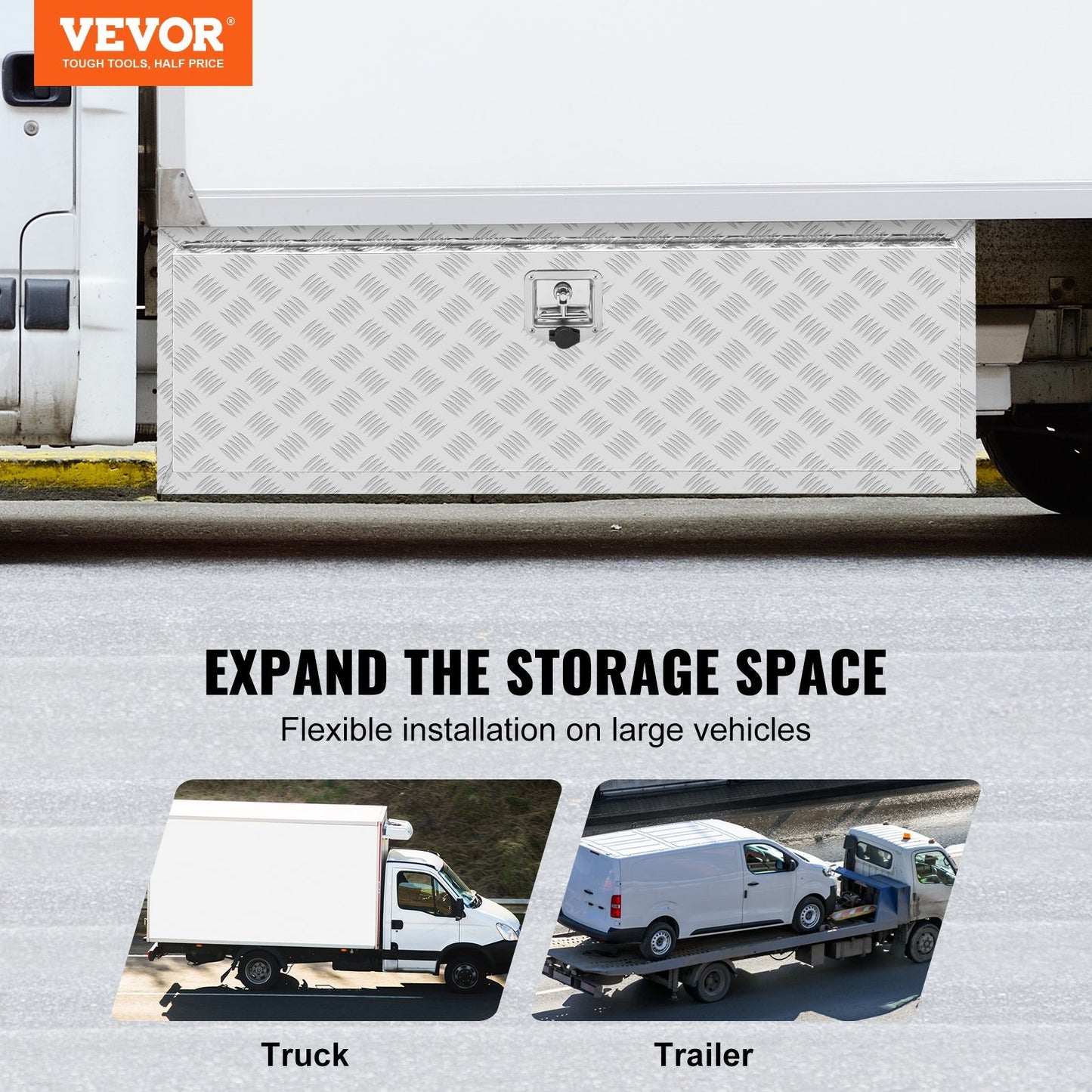 VEVOR Underbody Truck Box, 48"×17"×18" Pickup Storage Box, Heavy Duty Aluminum Diamond Plate Tool Box with Lock and Keys, Waterproof Trailer Storage Box with T-Handle Latch for Truck, Van, Trailer