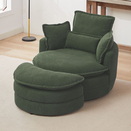 38" Modern Accent Round Swivel Barrel Oversized Chair with Moon Storage Ottoman with 4 Pillows in Green Corduroy