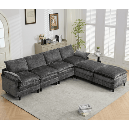 [NEW ARRIVED]Modular Sofa,U Shaped Cloud Couch Comfy Set ,6-Seater, 2 Armrest Pillows,Convertible Sectional Couch, Living Room,Apartment, Chenille(2 Movable Ottoman), Dark Gray