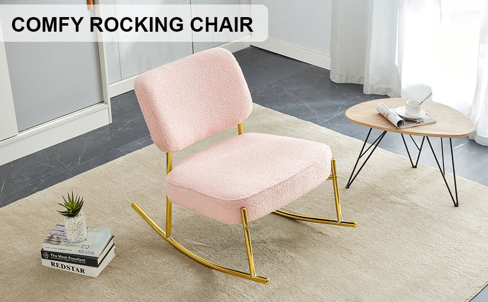 Teddy velvet material cushioned rocking chair, unique rocking chair, cushioned seat, pink backrest rocking chair, and golden metal legs. Comfortable side chairs in the living room, bedroom, and office