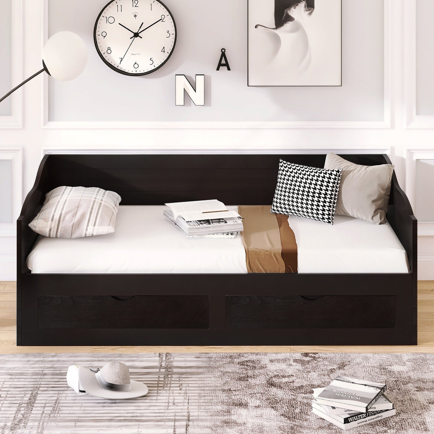 Wooden Daybed with Trundle Bed and Two Storage Drawers ; &nbsp;Extendable Bed Daybed; Sofa Bed with Two Drawers; Espresso