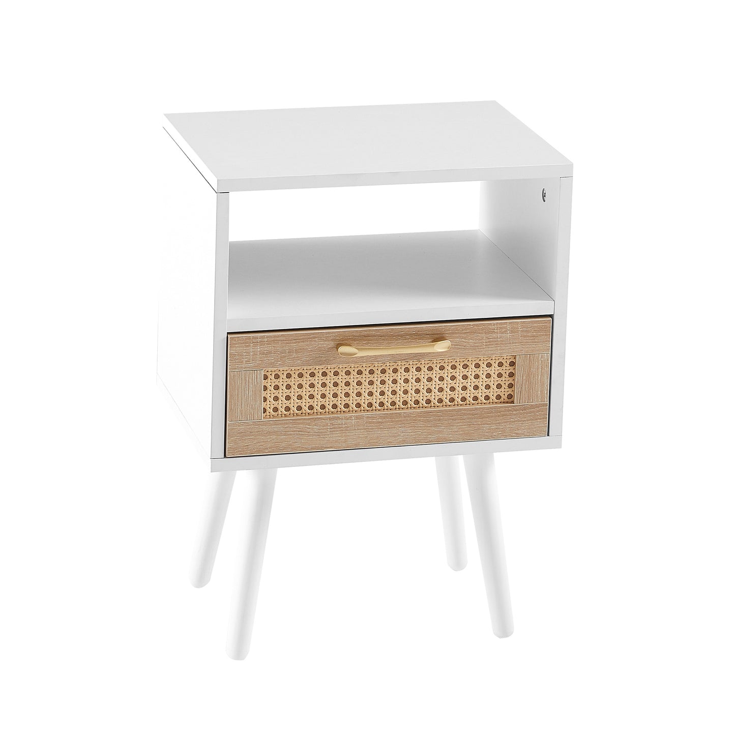 15.75" Rattan End table with drawer and solid wood legs, Modern nightstand, side table for living room, bedroom, white