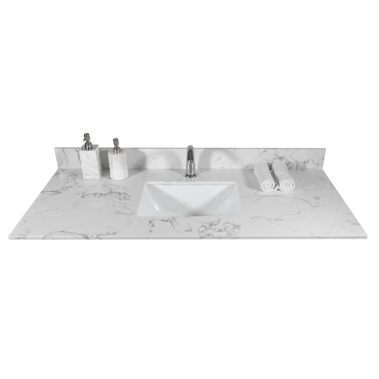 Montary 43x22 inch bathroom stone vanity top engineered stone carrara white marble color with rectangle undermount ceramic sink and single faucet hole with back splash .