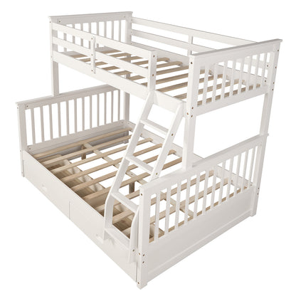 Twin Over Full Bunk Bed with Storage Drawers, Wooden Bunk Bed with Ladder and Safety Guard Rails –White