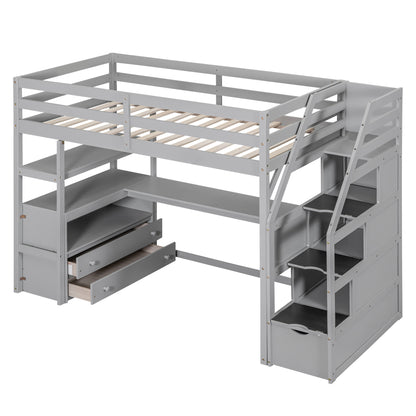 Twin Size Loft Bed with Desk and Shelves, Two Built-in Drawers, Storage Staircase, Gray