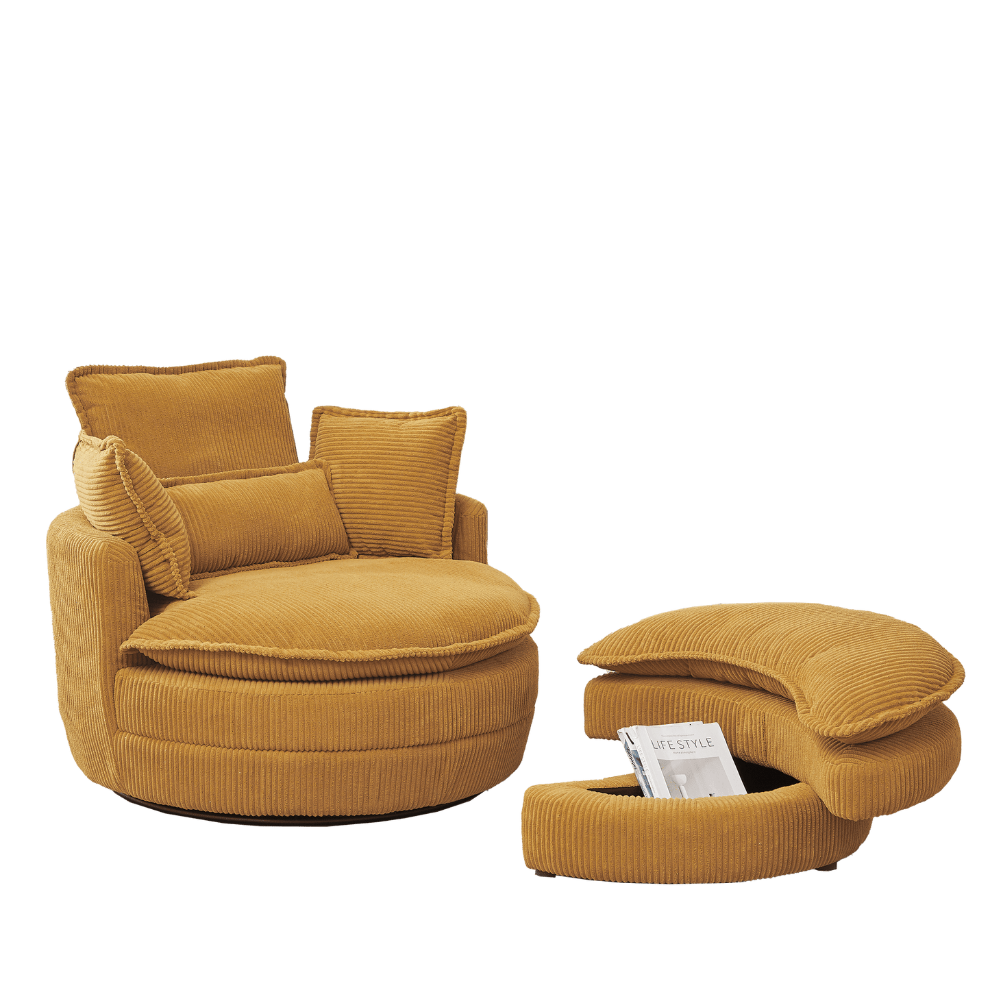 38" Modern Accent Round Swivel Barrel Oversized Chair with Moon Storage Ottoman & 4 Pillows in Yellow Corduroy