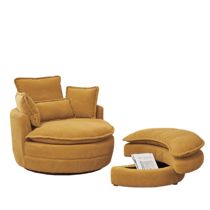 38" Modern Accent Round Swivel Barrel Oversized Chair with Moon Storage Ottoman & 4 Pillows in Yellow Corduroy