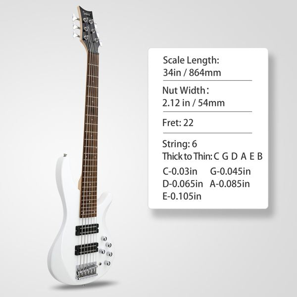 [Do Not Sell on Amazon]Glarry 44 Inch GIB 6 String H-H Pickup Laurel Wood Fingerboard Electric Bass Guitar with Bag and other Accessories White