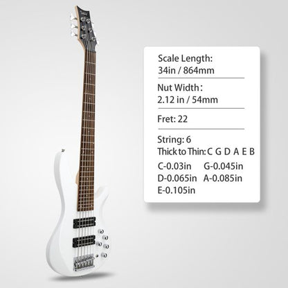 [Do Not Sell on Amazon]Glarry 44 Inch GIB 6 String H-H Pickup Laurel Wood Fingerboard Electric Bass Guitar with Bag and other Accessories White