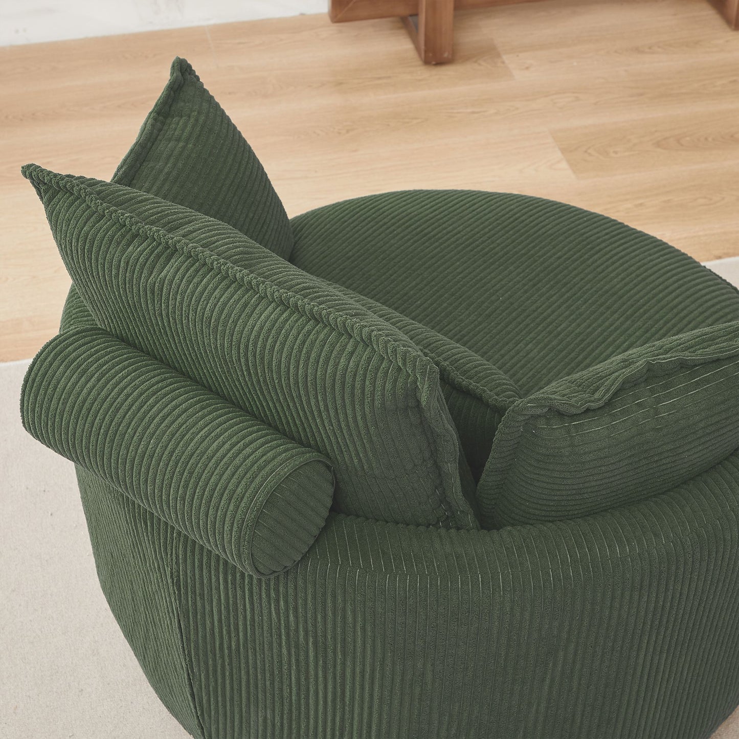 38" Modern Accent Round Swivel Barrel Oversized Chair with Moon Storage Ottoman with 4 Pillows in Green Corduroy