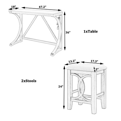 3-Piece Counter Height Dining Table Set with USB Port and Upholstered Stools