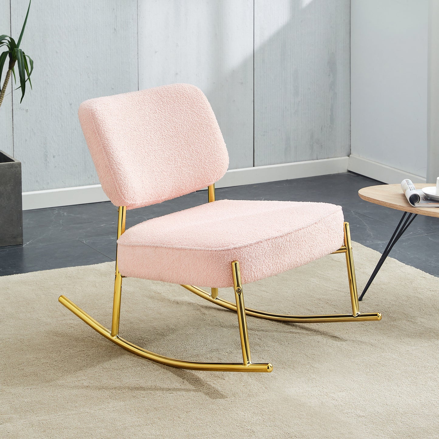 Teddy velvet material cushioned rocking chair, unique rocking chair, cushioned seat, pink backrest rocking chair, and golden metal legs. Comfortable side chairs in the living room, bedroom, and office