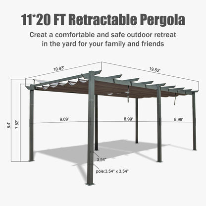 11 X 20 FT Outdoor Living Outdoor Retractable Pergola with Weather-Resistant Canopy Aluminum Garden Pergola Patio Grill Gazebo for Courtyard -Dark Gray