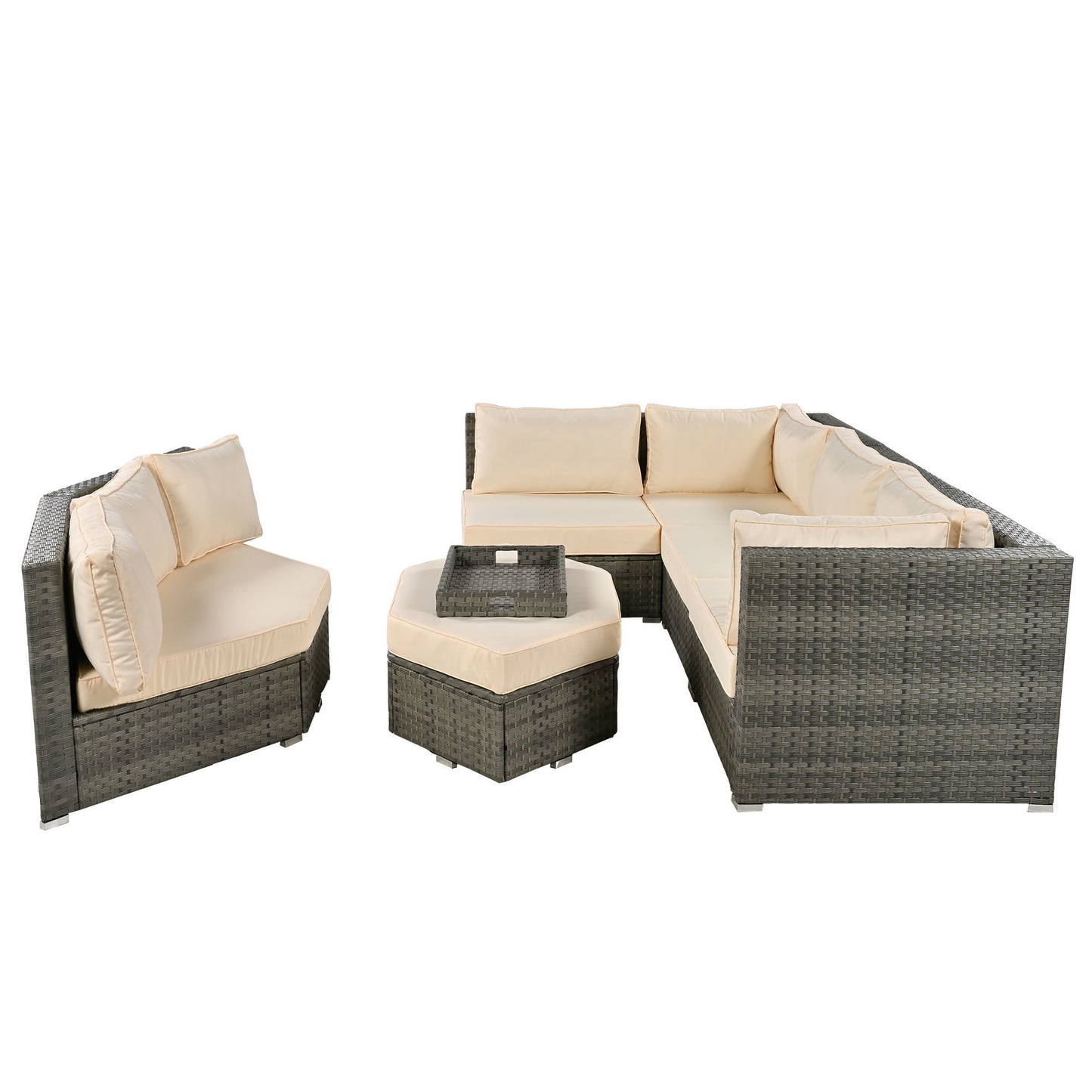 U-style Patio Furniture Set, 6 Piece Outdoor Conversation Set All Weather Wicker Sectional Sofa with Ottoman and Cushions and Small Trays