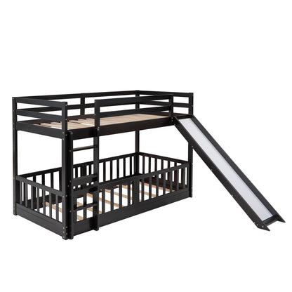 Twin Over Twin Bunk Bed with Slide and Ladder, Espresso(Old SKU:LP000009AAP)