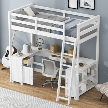 Twin Size Loft Bed with U-shaped Desk, Drawers and Storage Shelves, White