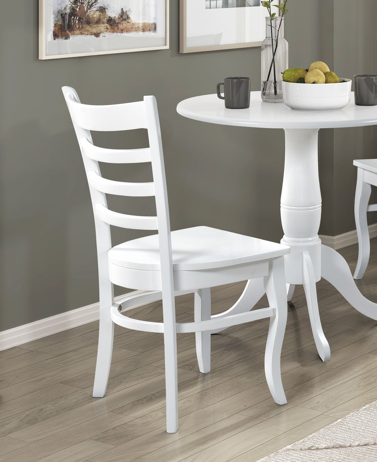 White Finish 3pc Set Round Table and Two Chairs Set Wooden Ladder-Back Casual Farmhouse Style Kitchen Dining Room Furniture