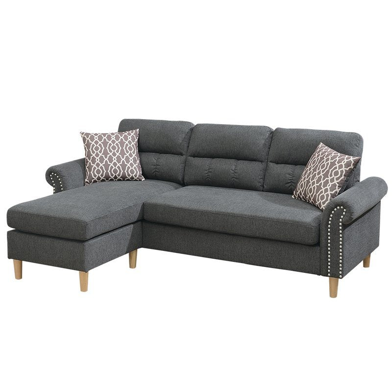 Slate Color Polyfiber Reversible Sectional Sofa Set Chaise Pillows Plush Cushion Couch Nailheads