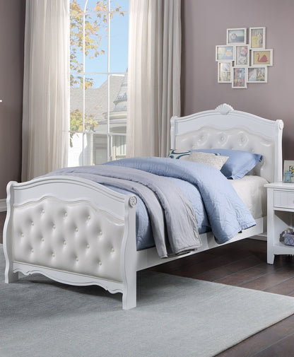 White Full Size Bed Youth Bedroom Furniture White Faux Leather Headboard Footboard Plywood 1pc Bedframe