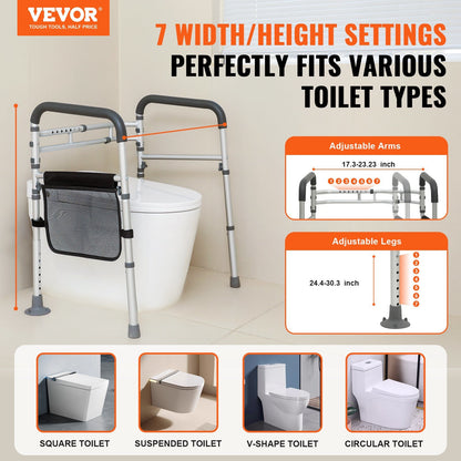 VEVOR Toilet Safety Rail, Folding Toilet Seat Frame, Adjustable Width & Height Fit Most Toilets, Supports 300lbs, Stand Alone Toilet Handles Grab Bars with Padded Arms for Handicap, Disabled, Seniors