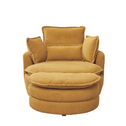 38" Modern Accent Round Swivel Barrel Oversized Chair with Moon Storage Ottoman & 4 Pillows in Yellow Corduroy