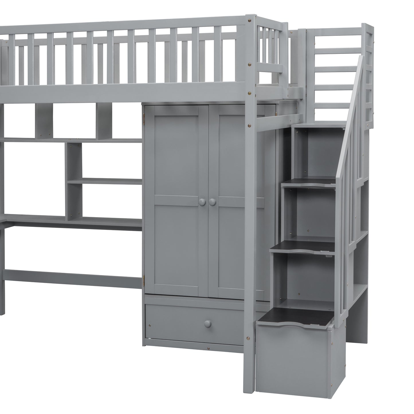 Twin size Loft Bed with Bookshelf,Drawers,Desk,and Wardrobe-Gray