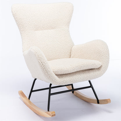 Teddy Fabric Padded Seat Rocking Chair With High Backrest And Armrests