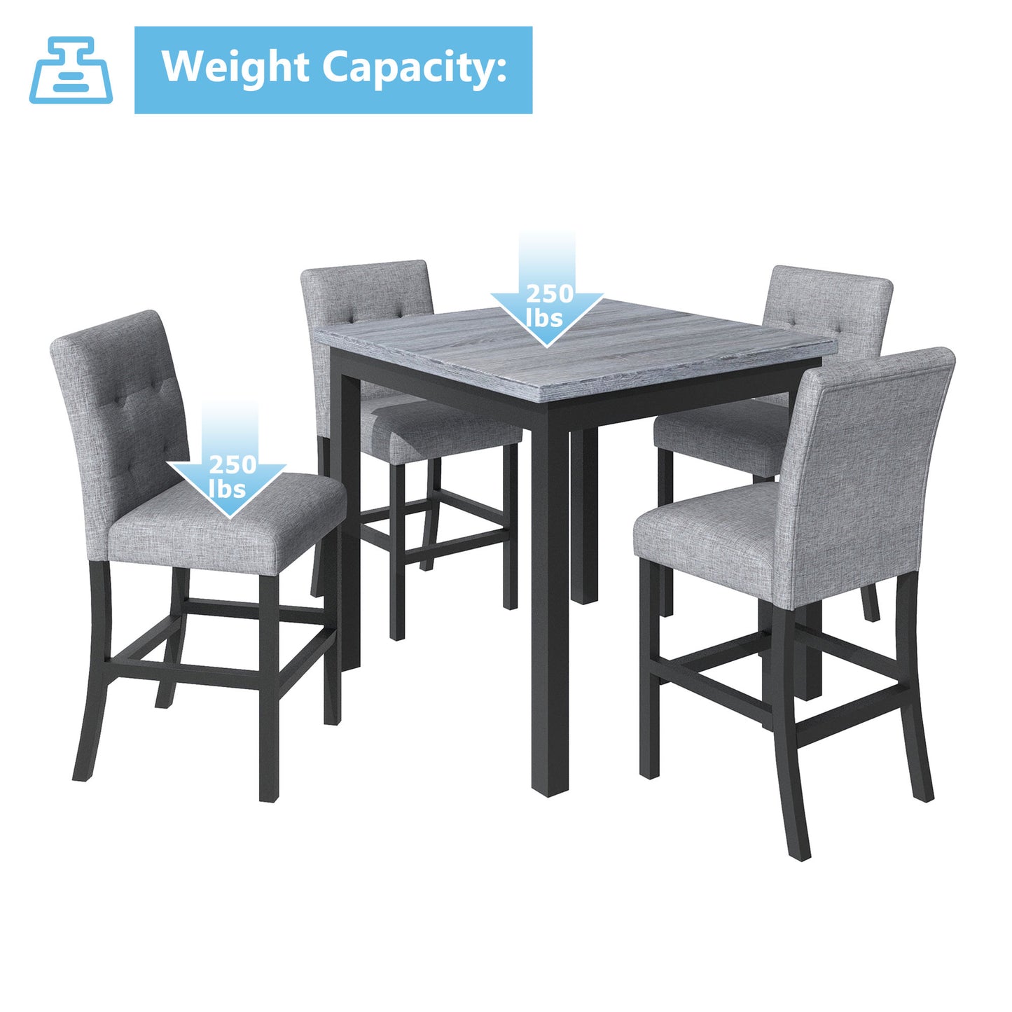 TOPMAX 5-Piece Counter Height Dining Set Wood Square Dining Room Table and Chairs Stools w/Footrest & 4 Upholstered high-back Chairs,Black