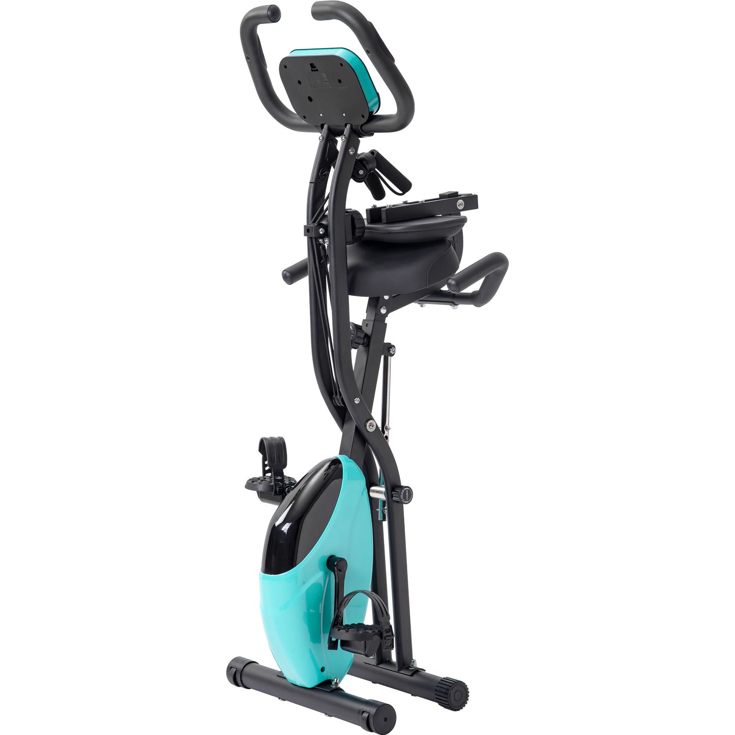 Folding Exercise Bike, Fitness Upright and Recumbent X-Bike with 10-Level Adjustable Resistance, Arm Bands and Backrest