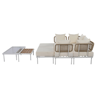 TREXM 8-Piece Patio Sectional Sofa Set with Tempered Glass Coffee Table and Wooden Coffee Table for Outdoor Oasis, Garden, Patio and Poolside (Beige Cushion + White Steel)