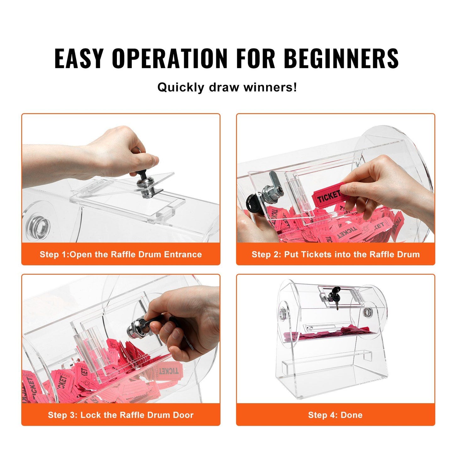 VEVOR Acrylic Raffle Drum, Professional Raffle Ticket Spinning Cage with 2 Keys, Transparent Lottery Spinning Drawing, Holds 2500 Tickets or 100 Raffle Balls,Raffle Ticket Box for Lottery Games Bingo