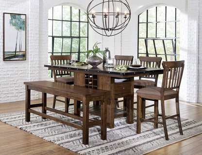 Dark Brown Wooden Finish 6pc Counter Height Table,4 Chairs, Bench + Wine Rack Dining Set