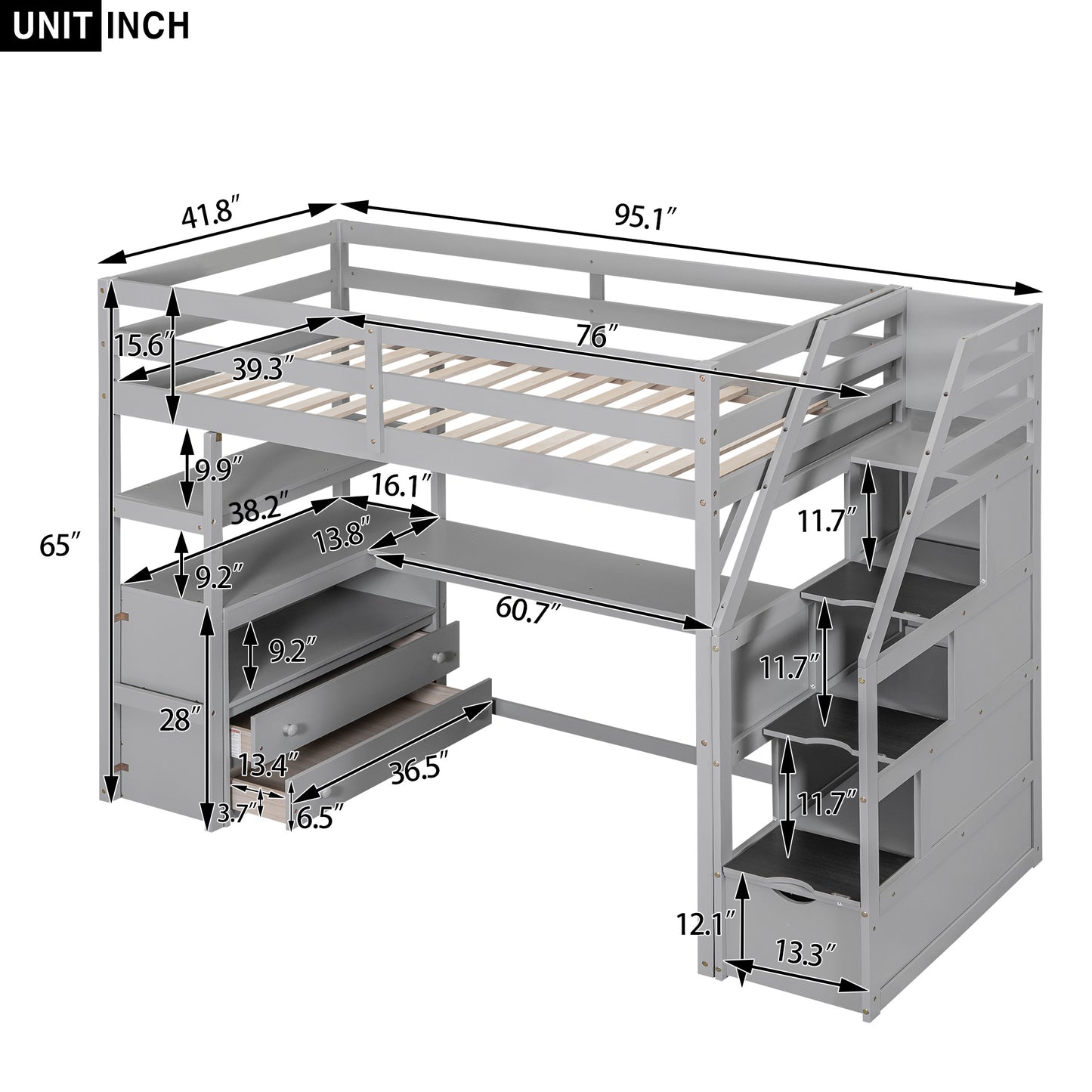 Twin Size Loft Bed with Desk and Shelves, Two Built-in Drawers, Storage Staircase, Gray