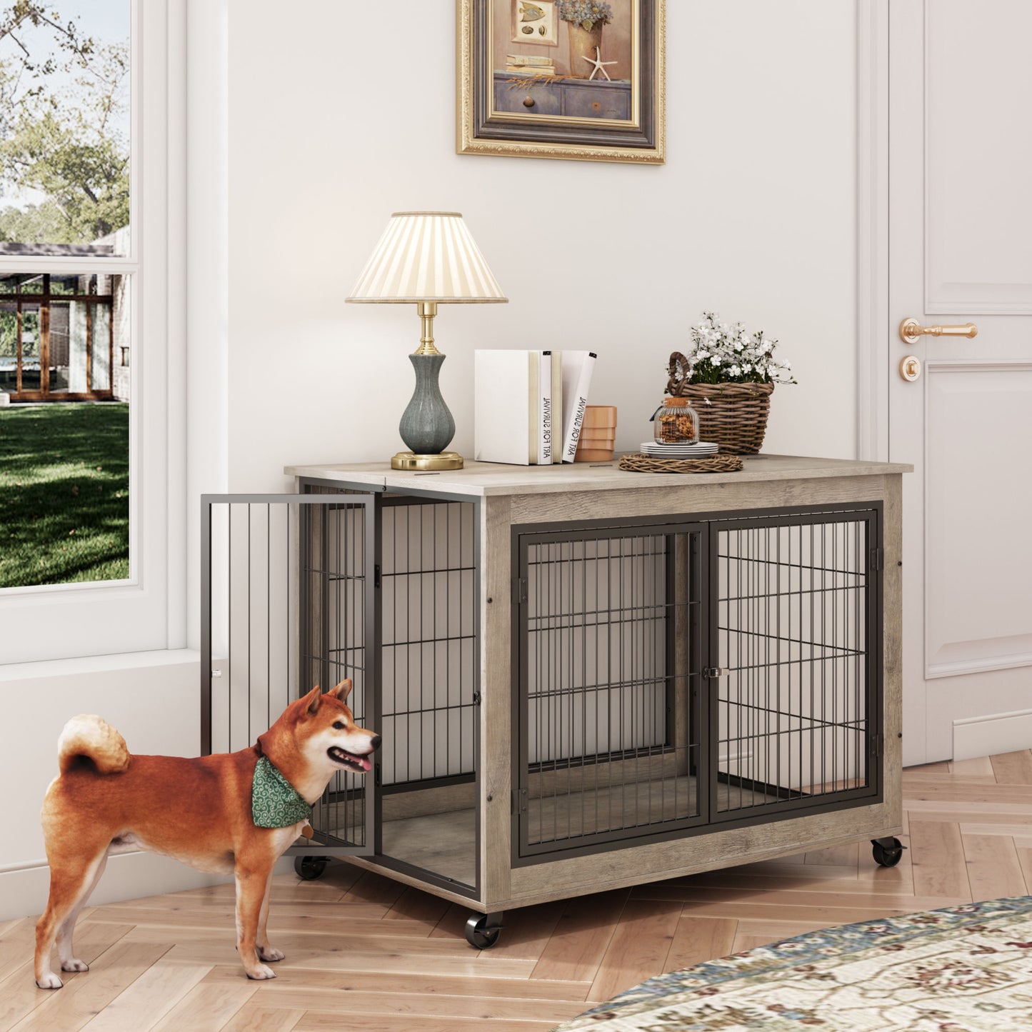 Furniture Style Dog Crate Side Table on Wheels with Double Doors and Lift Top.Grey,38.58''w x 25.5''d x 27.36''h.